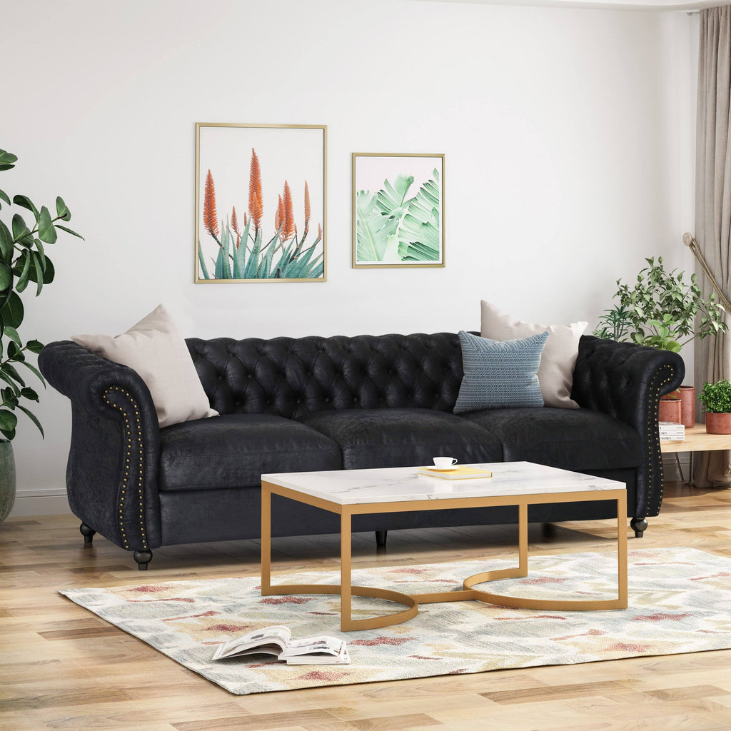 Navy Blue Tufted Microfiber Sofa with Scroll Arms S431922