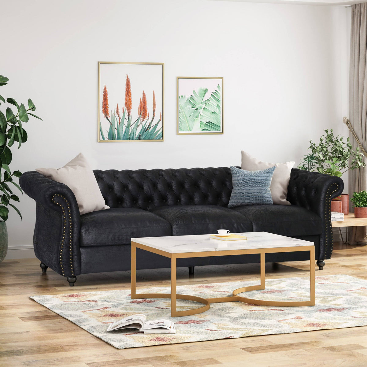 Navy Blue Tufted Microfiber Sofa with Scroll Arms S431922