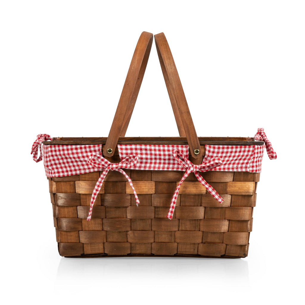 Red White Gingham Handwoven Wood Picnic Basket P42015