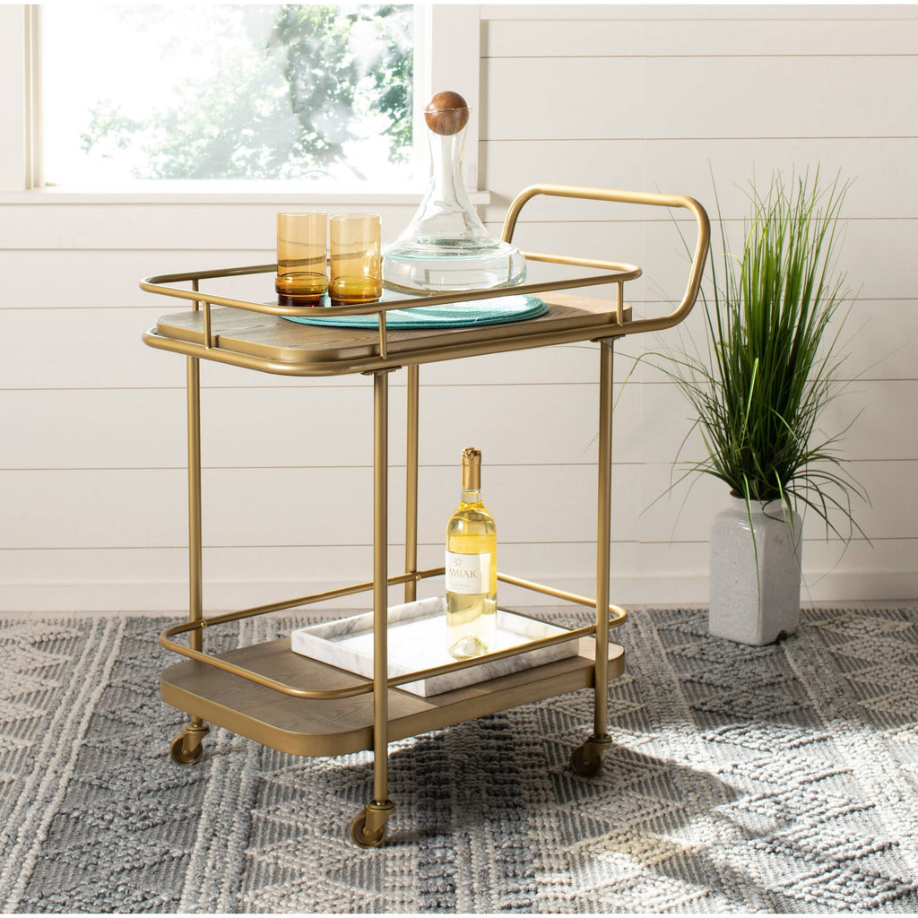 Rustic Oak / Gold 2 Tier Rectangle Bar Cart W4790