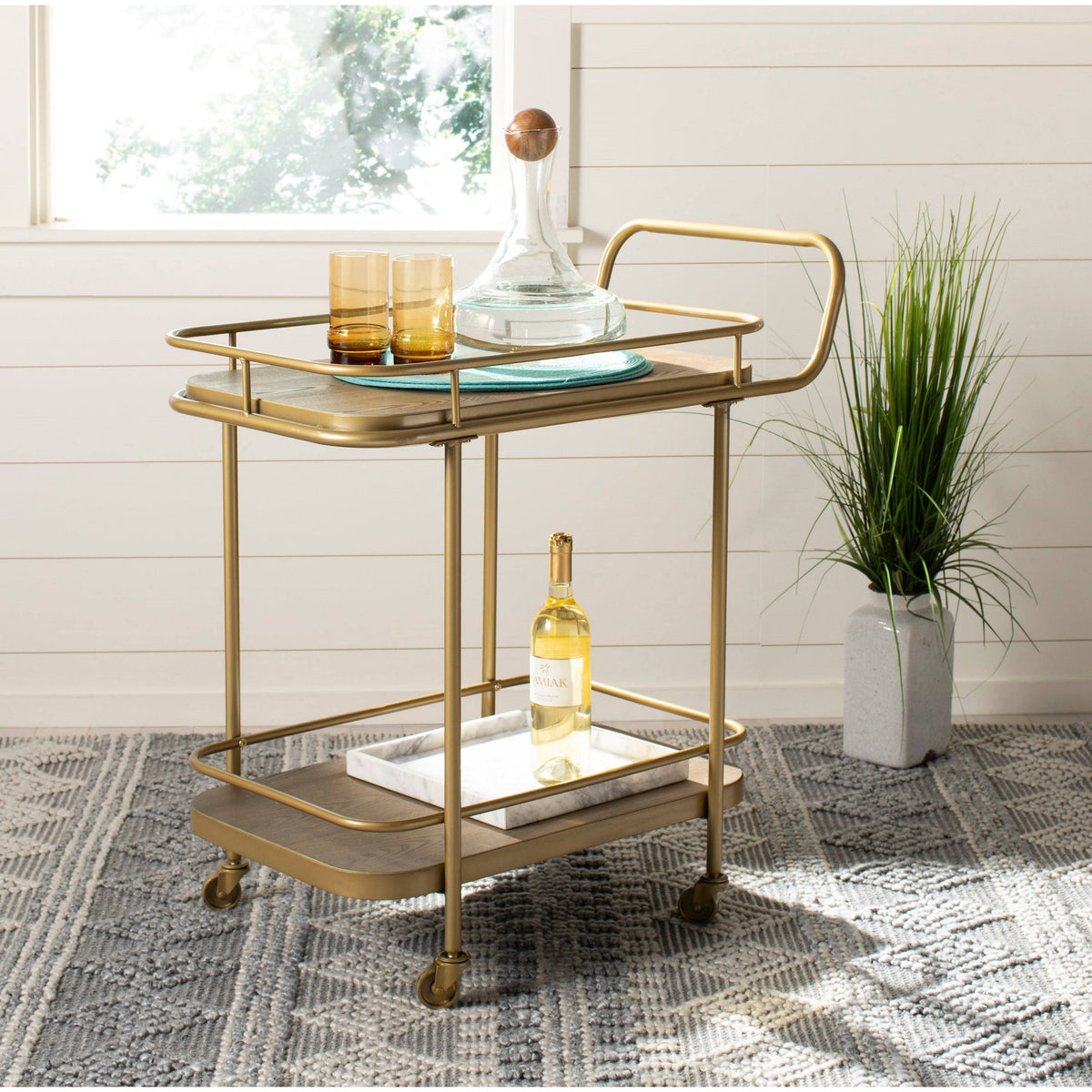 Rustic Oak / Gold 2 Tier Rectangle Bar Cart W4790