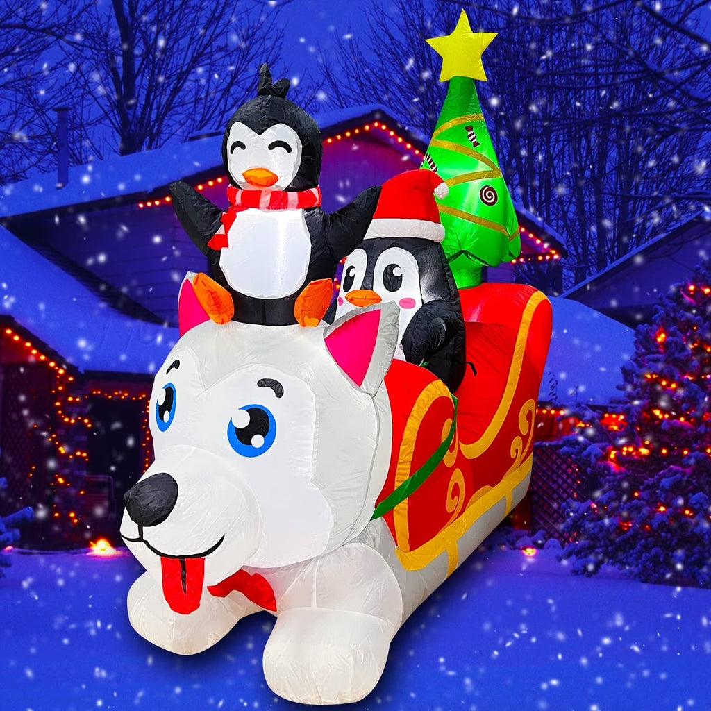 Inflatable Christmas Dog Sledding Decoration with Penguin and Christmas Tree, 5FT Y19432