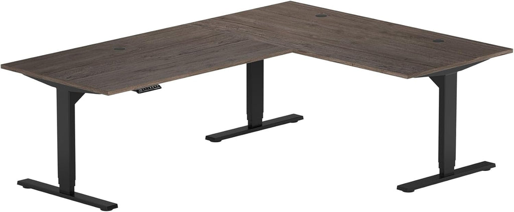 78" x 60" Electric Height Adjustable L Shaped Standing Desk with Black Frame, Light Walnut T84923