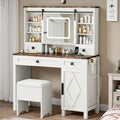 Vanity Desk with Sliding Mirror & Lights, Glass Top, 4 Drawers & Storage Cabinet, Cushioned Stool V646