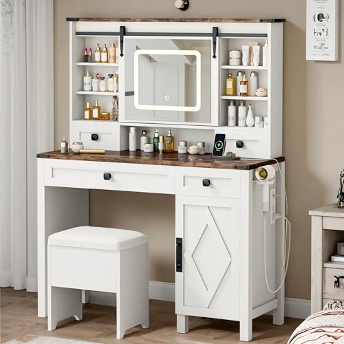Vanity Desk with Sliding Mirror & Lights, Glass Top, 4 Drawers & Storage Cabinet, Cushioned Stool V646