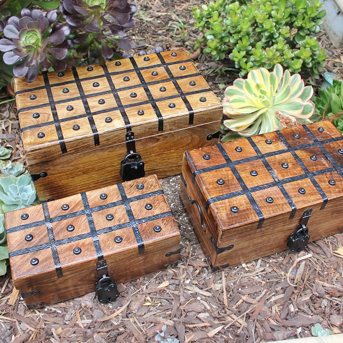 Wooden Storage Box with Iron Lock and Skeleton Key T47131