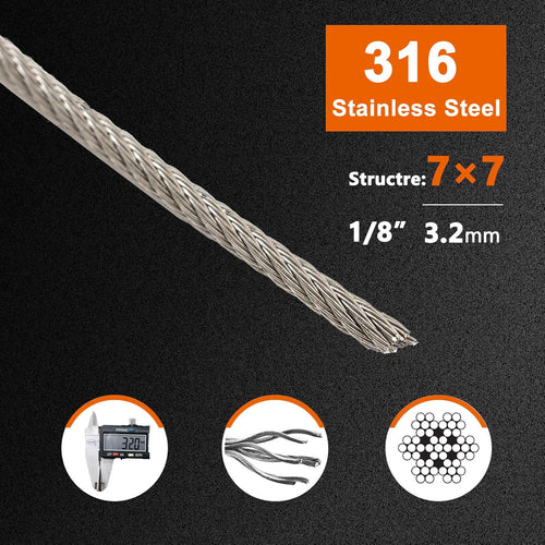 1/8 T316 Stainless Steel Cable with Cutter, 20 Pcs Protector Sleeves, 7 x 7 Strands, 450FT P402870