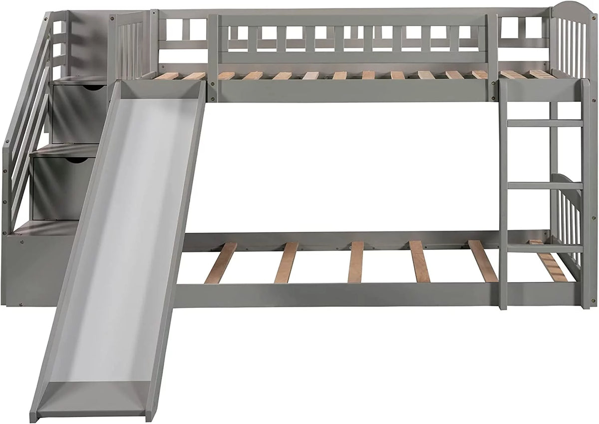 Wooden Bunk Bed with Slide and Guardrail M93030