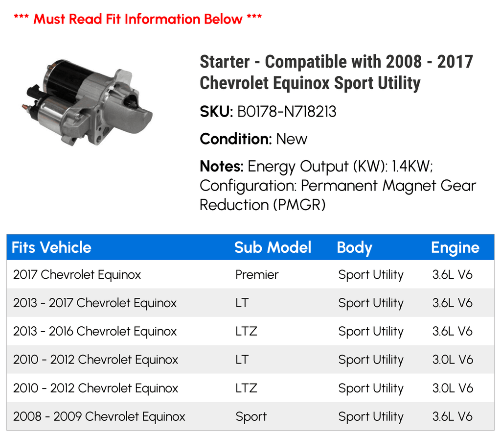 Starter for Chevy Equinox Sport Utility 2008-2017 P341432