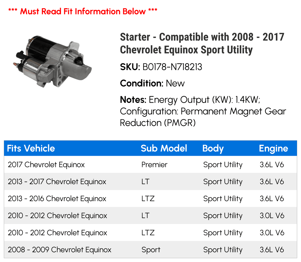 Starter for Chevy Equinox Sport Utility 2008-2017 P341432