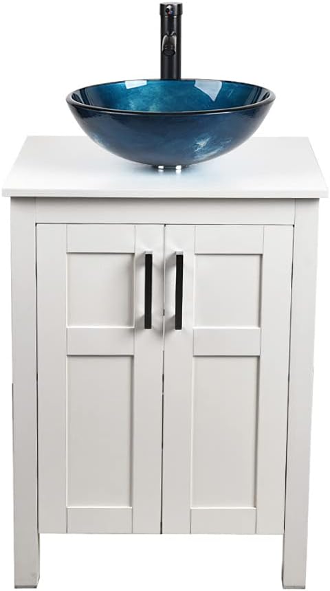 White 24 Inches Bathroom Vanity with 2 Doors Tempered Glass Sink Top Y53503
