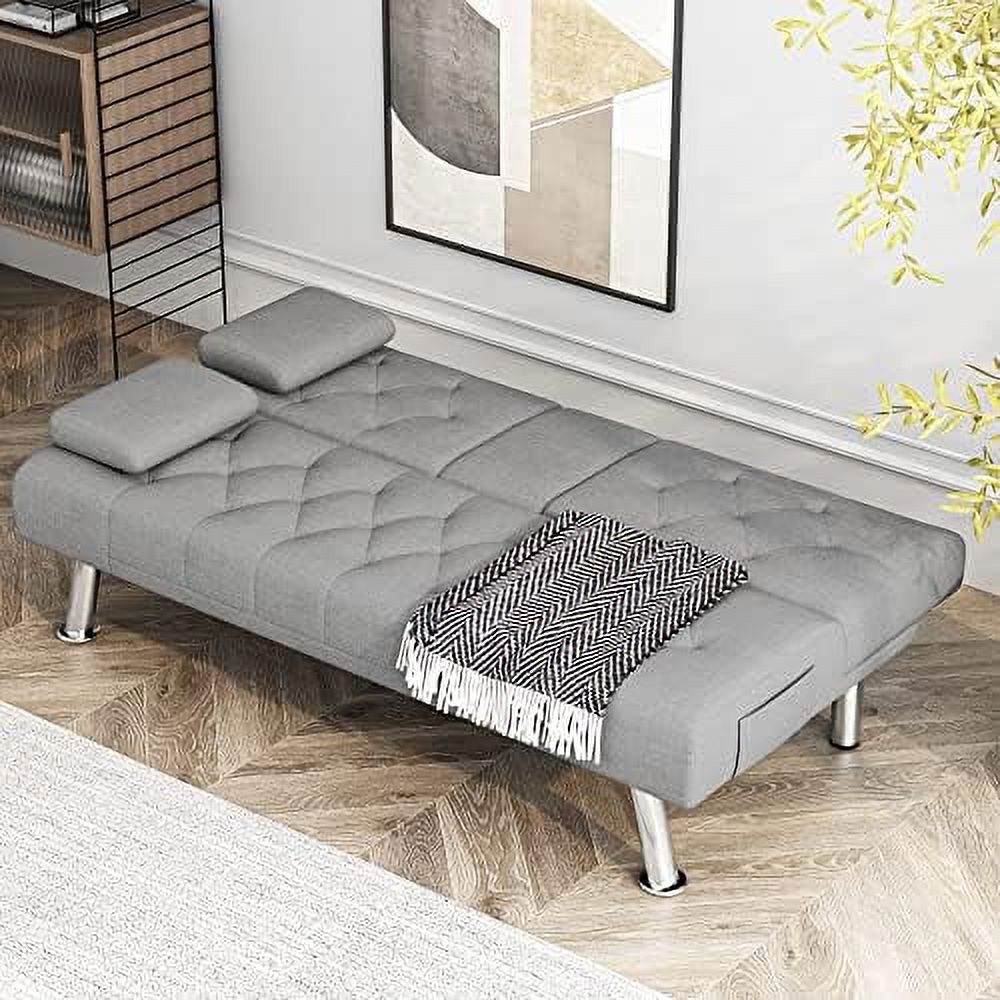 Dark Grey Upholstered Convertible Futon Sofa Bed with Removable Armrests D685