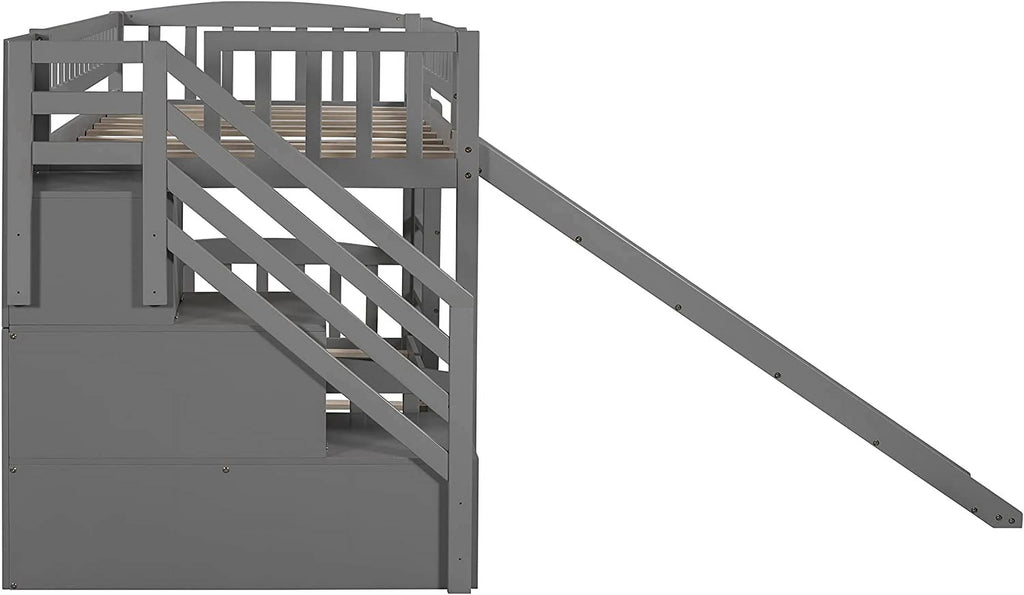 Wooden Bunk Bed with Slide and Guardrail M93030