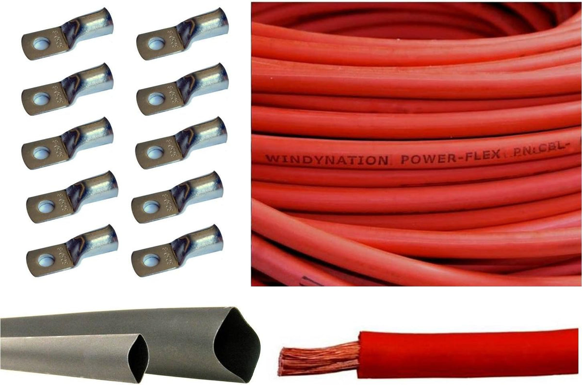 4/0 AWG 10 Feet Red + 10 Feet Black Pure Copper Flexible Cable + 10pcs 3/8" Tinned Copper Cable Lug Terminal Connectors + 3 Feet Black Heat Shrink Tubing Z756348