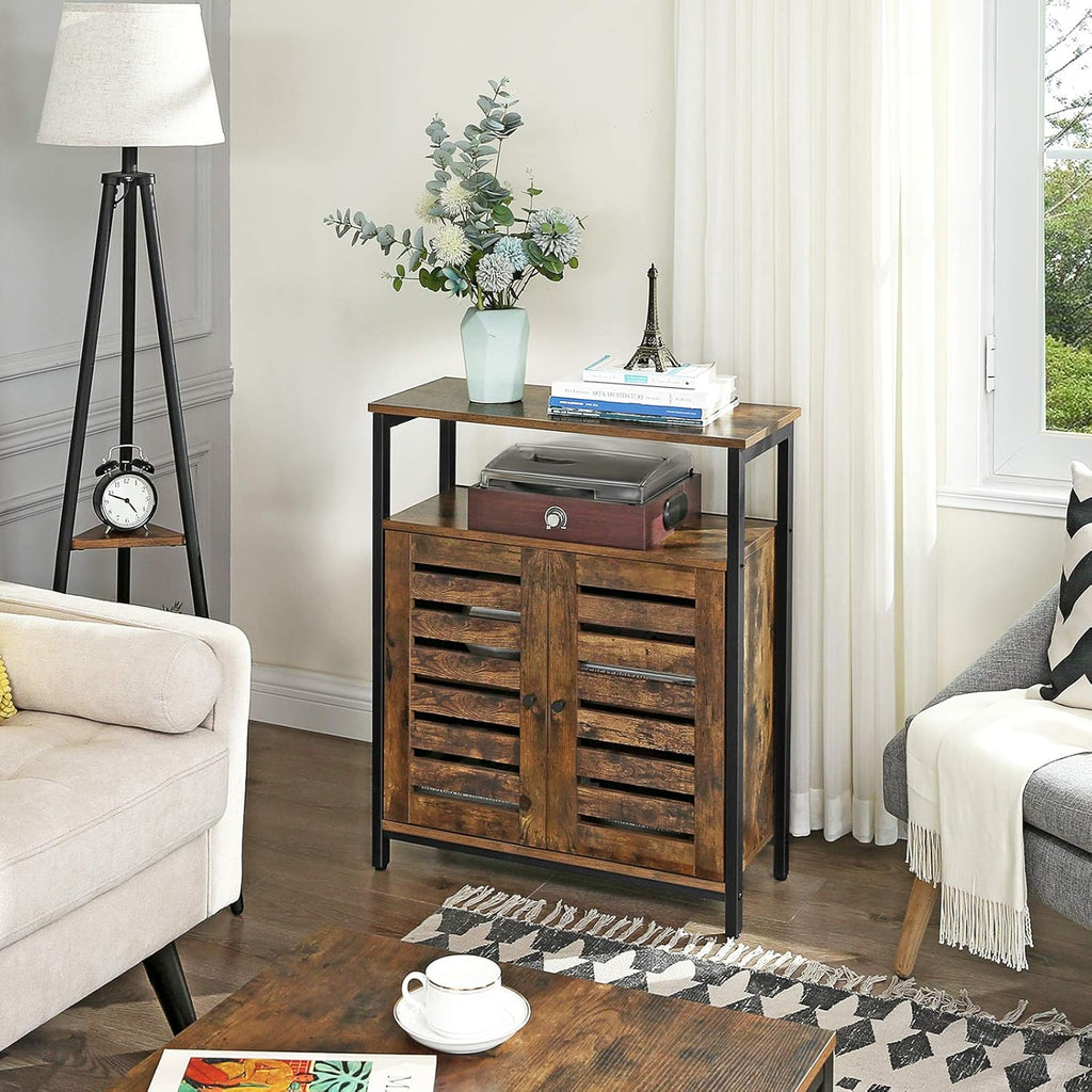 Rustic Brown and Black Storage Cabinet with 3 Open Shelves and Closed Compartments G6987