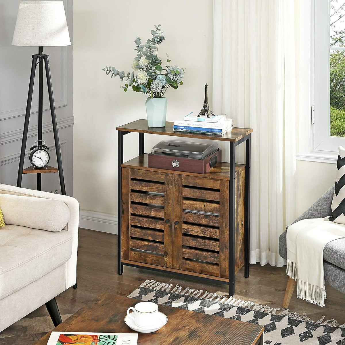 Rustic Brown and Black Storage Cabinet with 3 Open Shelves and Closed Compartments G6987