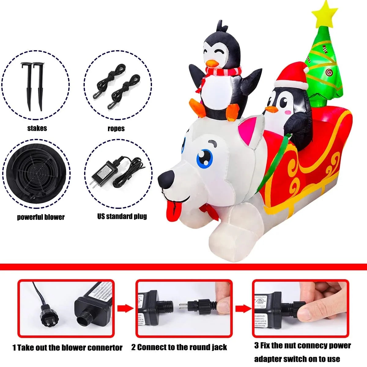 Inflatable Christmas Dog Sledding Decoration with Penguin and Christmas Tree, 5FT Y19432