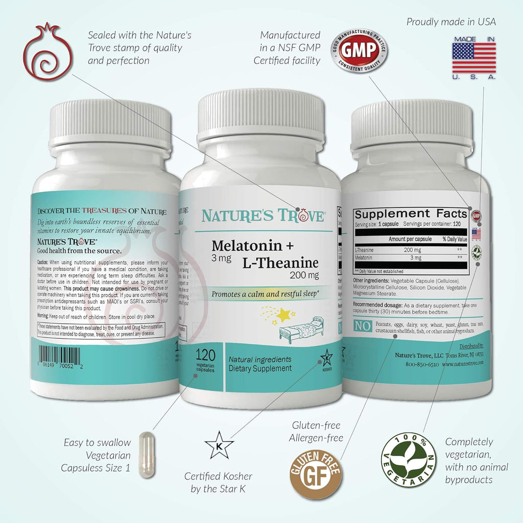 Melatonin 3mg + L Theanine 200mg 120 Kosher Vegetarian Capsules D48351
