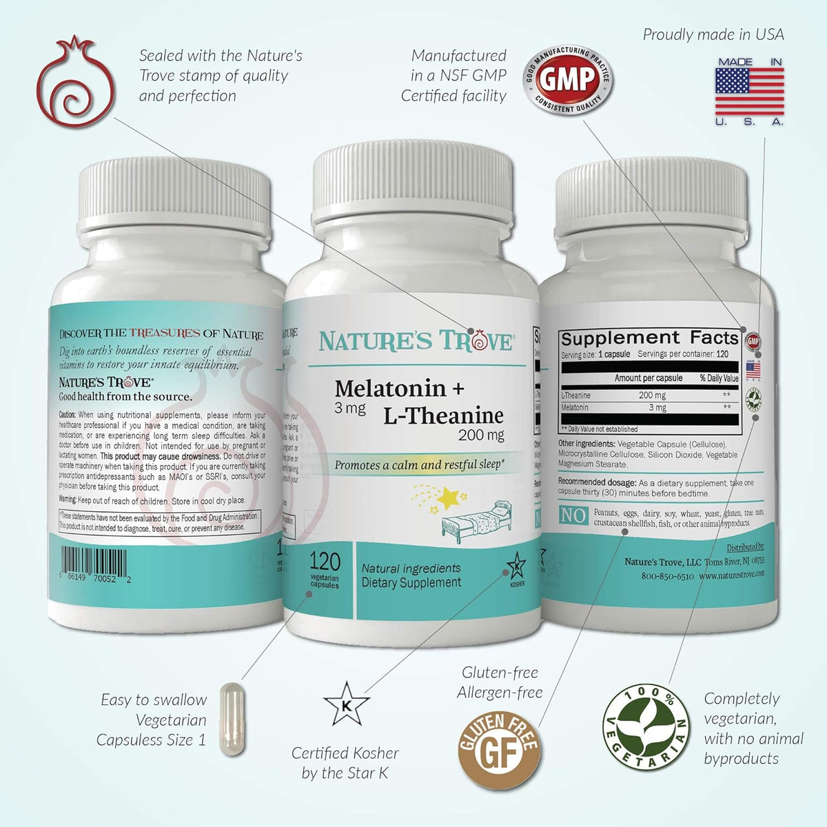 Melatonin 3mg + L Theanine 200mg 120 Kosher Vegetarian Capsules D48351