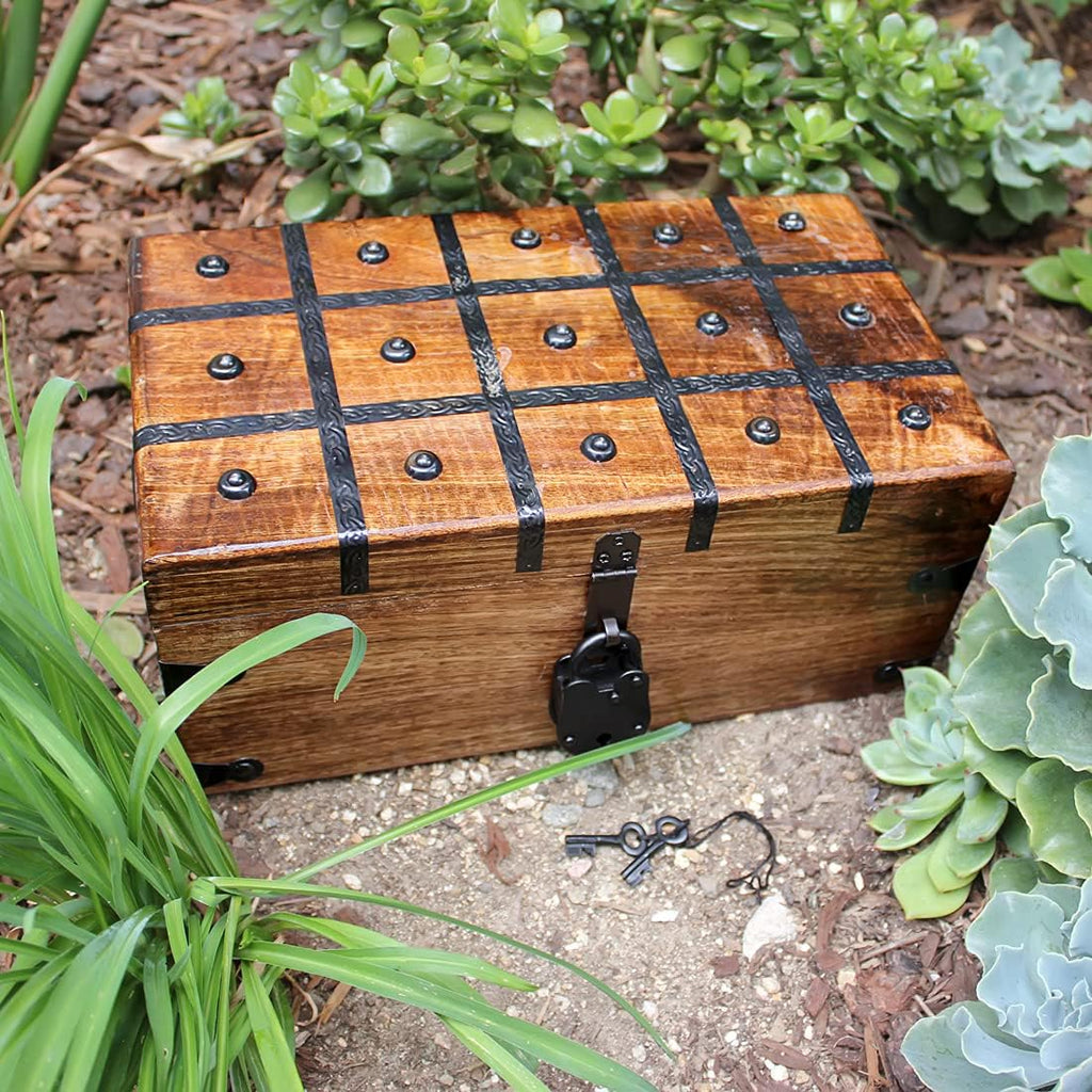 Wooden Storage Box with Iron Lock and Skeleton Key T47131