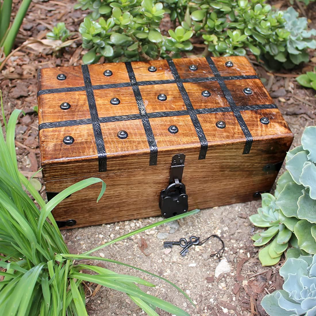 Wooden Storage Box with Iron Lock and Skeleton Key T47131