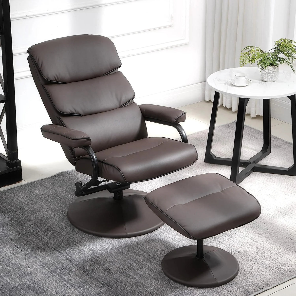 Brown PU Leather Swivel Recliner Chair with Ottoman W54618