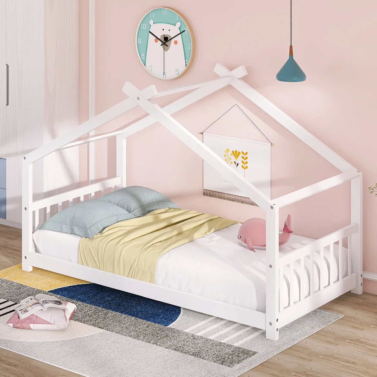 Twin Size White Wood House Bed E81787