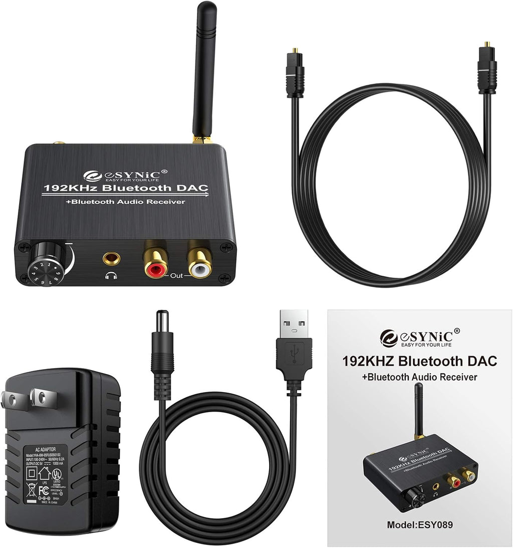 192kHz DAC Digital to Analog Audio Converter with Bluetooth 5.0 Receiver, Optical Coaxial Toslink, Stereo L/R RCA 3.5mm, Pack of 2 V970208