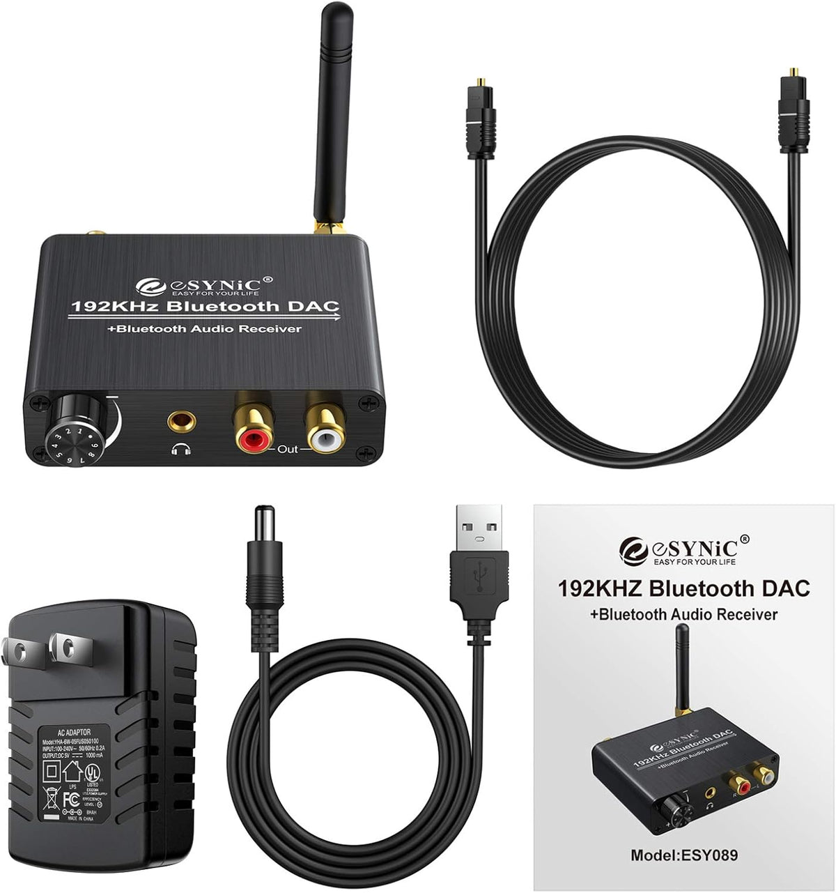 192kHz DAC Digital to Analog Audio Converter with Bluetooth 5.0 Receiver, Optical Coaxial Toslink, Stereo L/R RCA 3.5mm, Pack of 2 V970208