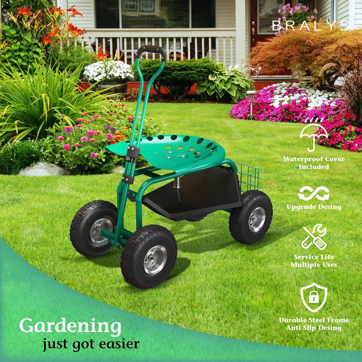 Garden Cart with Seat Rolling Gardening Cart with Large Wheels Basket Waterproof Cover S755496
