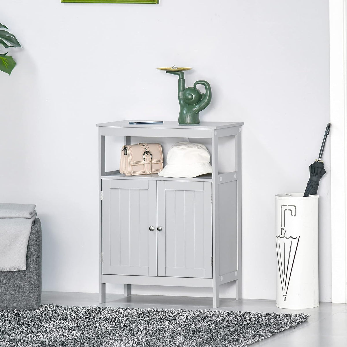 Grey Freestanding Bathroom Storage Cabinet with Doors and Open Shelf P38207