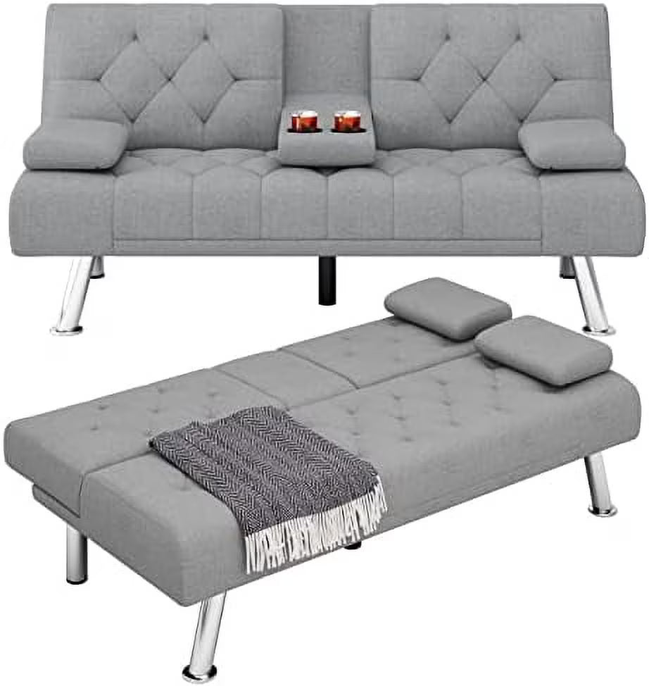 Dark Grey Upholstered Convertible Futon Sofa Bed with Removable Armrests D685