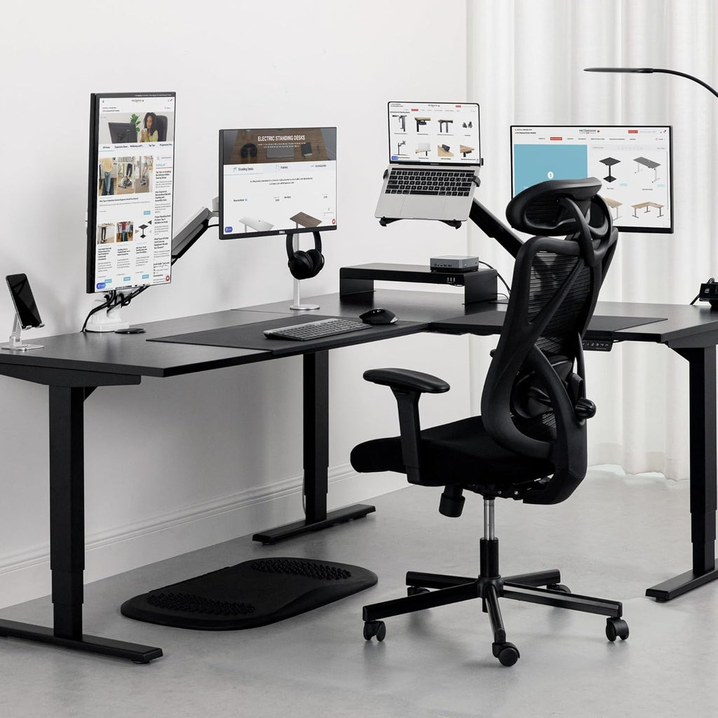 78" x 60" Electric Height Adjustable L Shaped Standing Desk with Black Frame, Light Walnut T84923