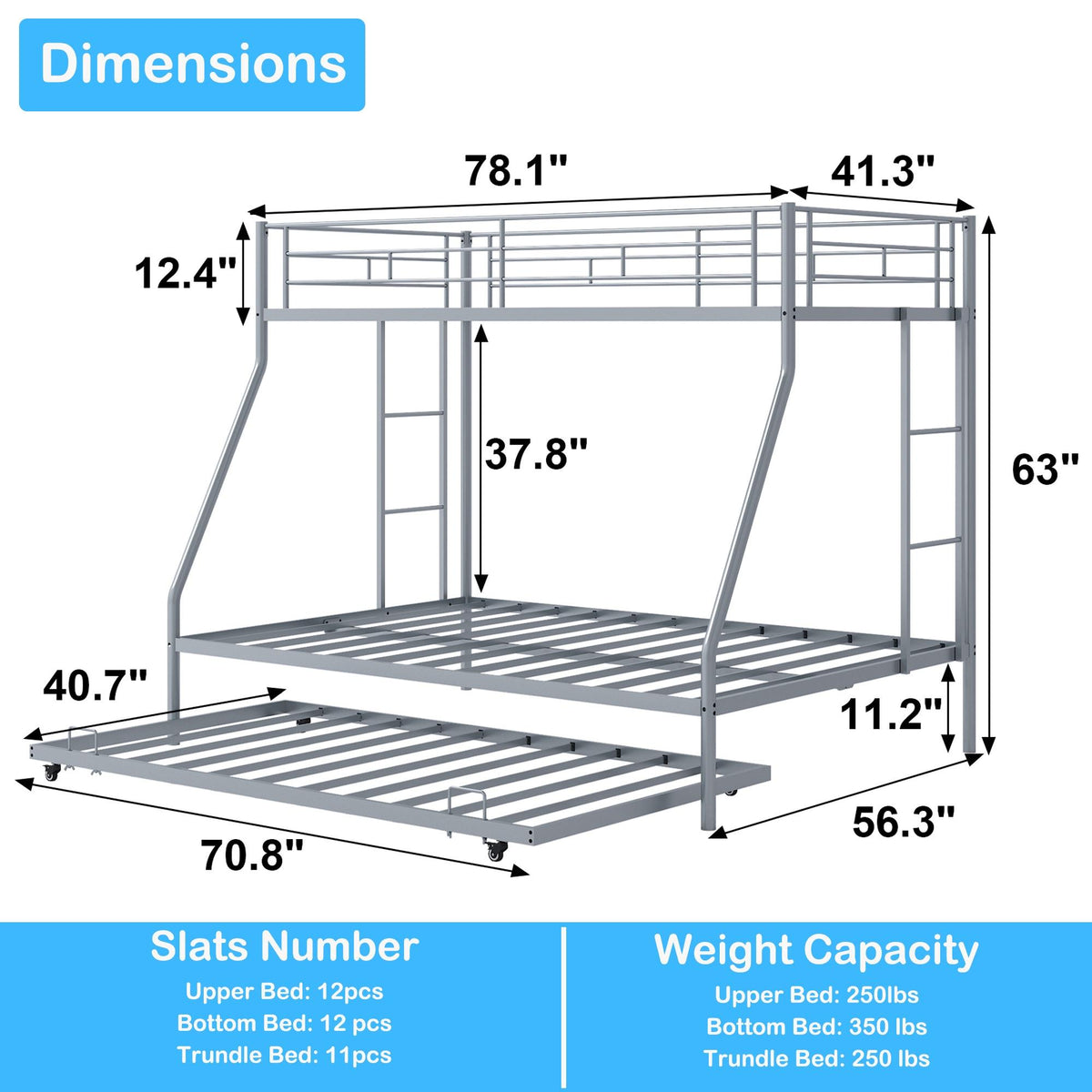Twin Over Full Metal Bunk Beds with Trundle Bed and Side Ladders L711