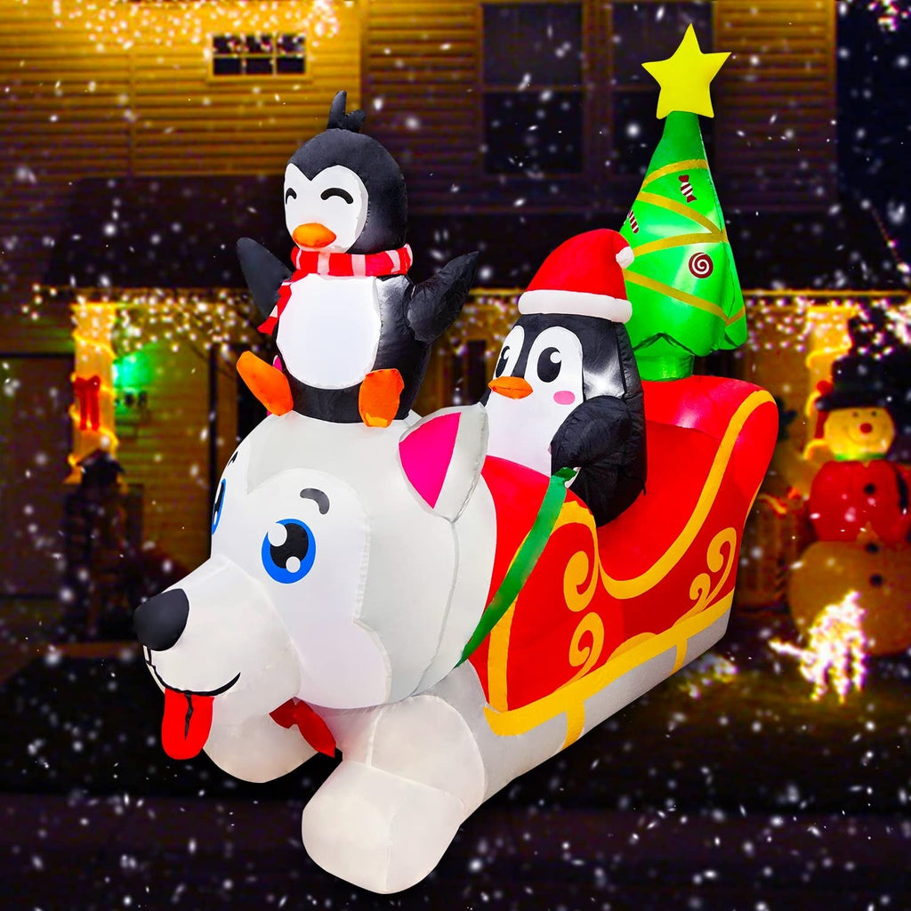 Inflatable Christmas Dog Sledding Decoration with Penguin and Christmas Tree, 5FT Y19432