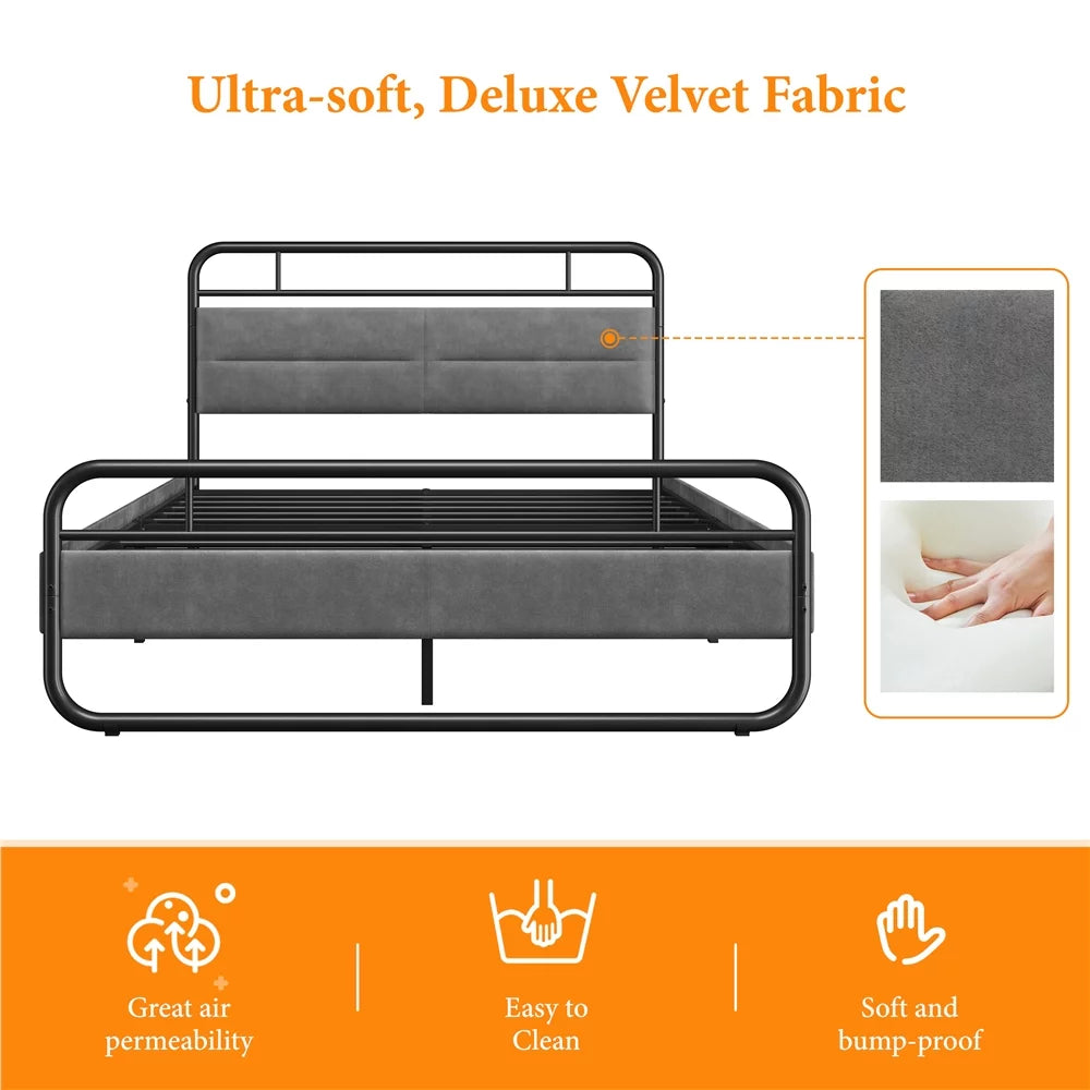 Queen Size Metal Platform Bed with Velvet Upholstered Headboard Dark Gray K55134