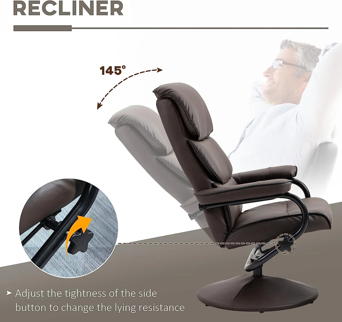Brown PU Leather Swivel Recliner Chair with Ottoman W54618
