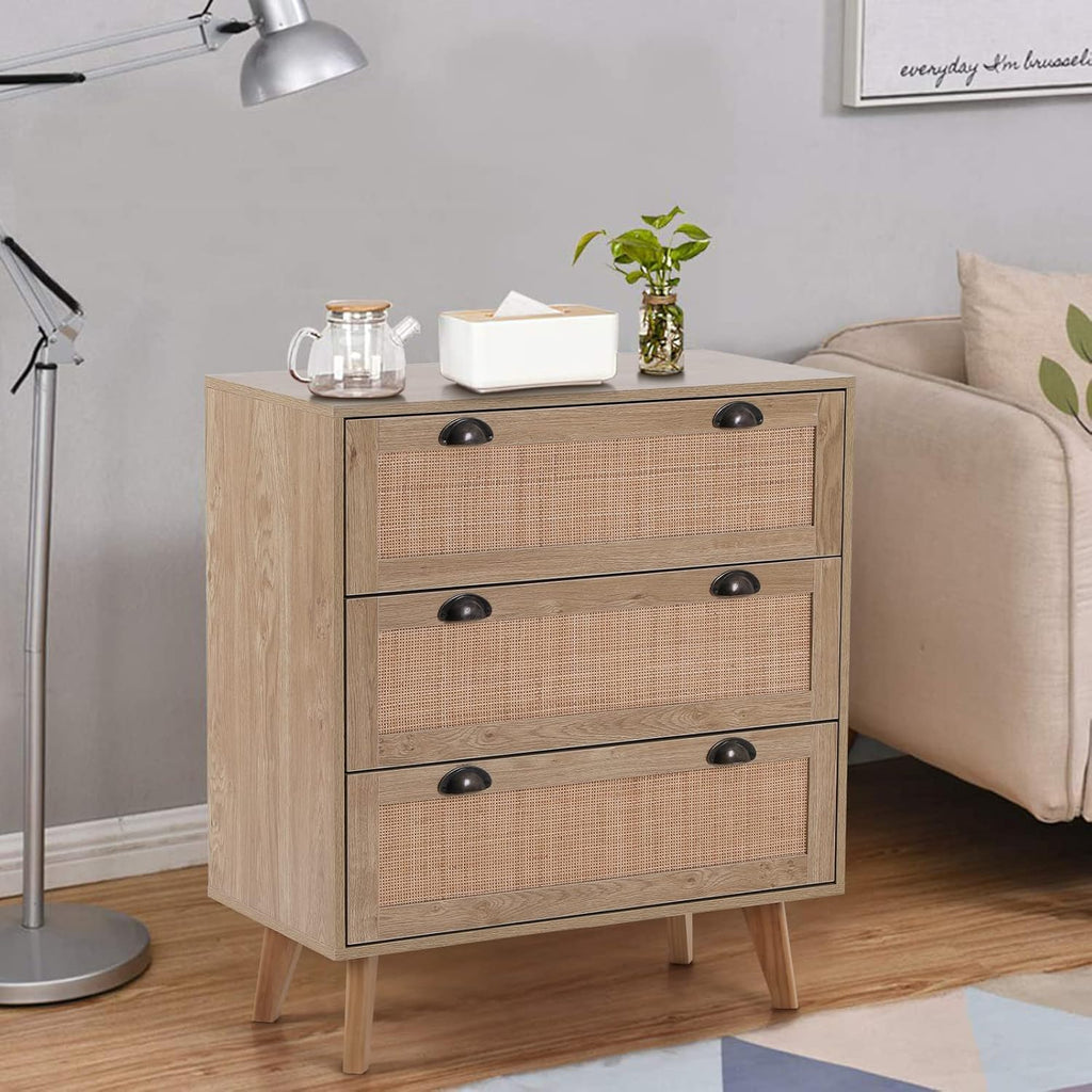 3 Drawer Rattan Storage Cabinet with Pine Wood Legs Y243