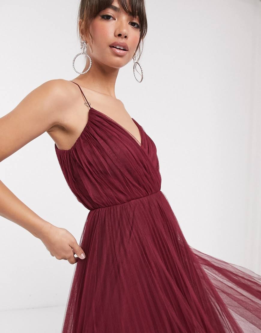 Oxblood-Red Pleated Tulle Maxi Dress Q178