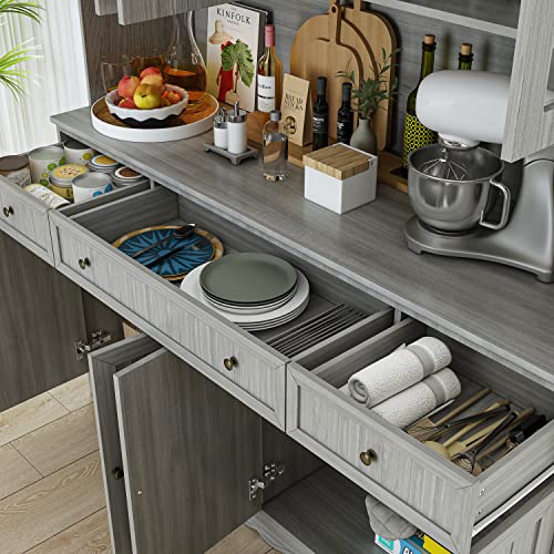 Large Wooden Grey Kitchen Hutch Cabinet with Glass Doors H73998