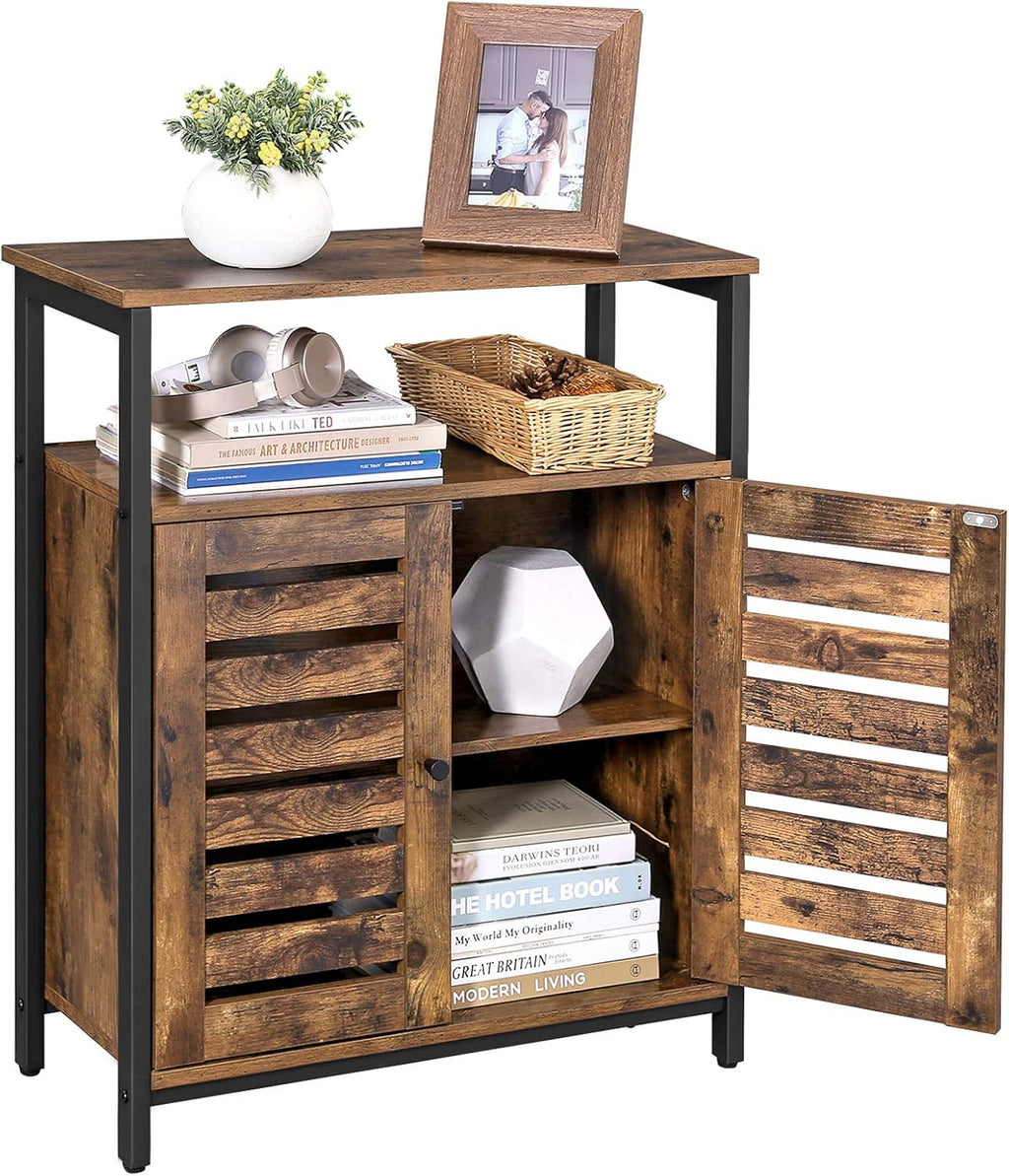Rustic Brown and Black Storage Cabinet with 3 Open Shelves and Closed Compartments G6987