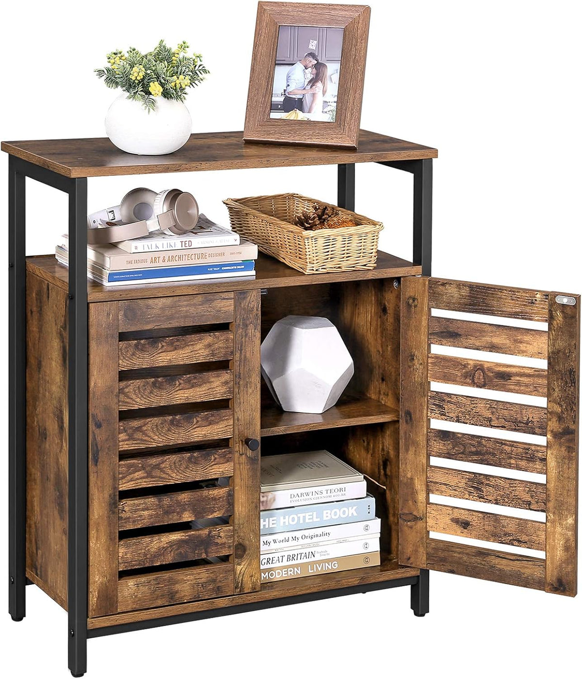 Rustic Brown and Black Storage Cabinet with 3 Open Shelves and Closed Compartments G6987