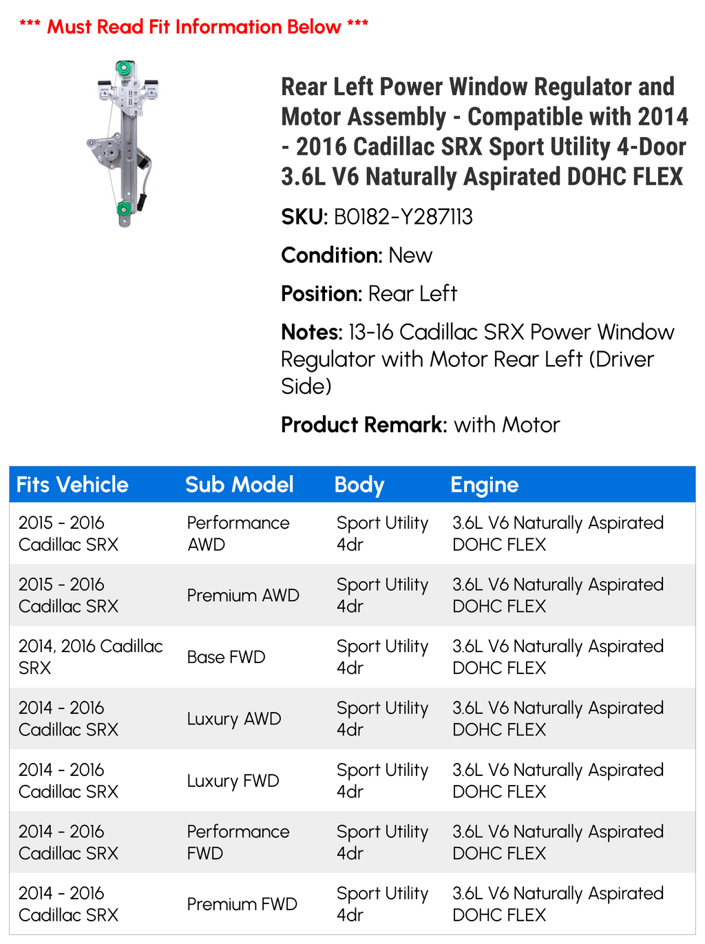 Rear Left Power Window Regulator and Motor Assembly A492921