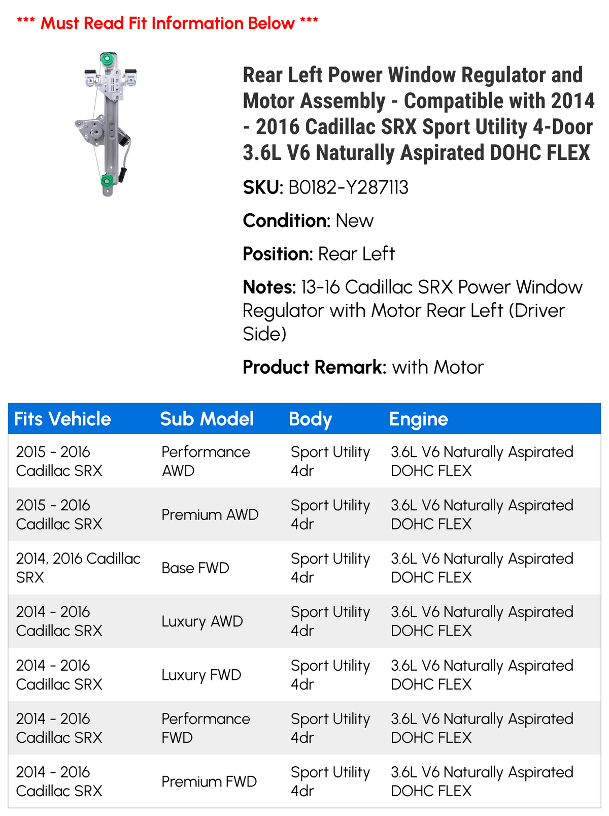 Rear Left Power Window Regulator and Motor Assembly A492921