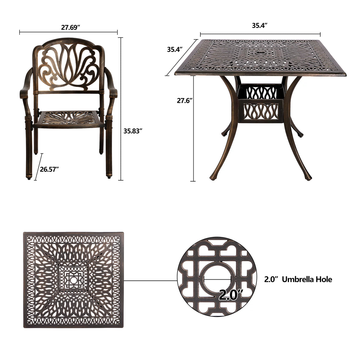 5-Piece Cast Aluminum Outdoor Dining Set with Umbrella Hole I40844