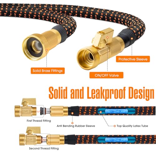 50 ft Expandable Garden Hose with 10 Pattern Spray Nozzle, 3/4 Solid Brass Connectors, Retractable Latex Core H28254