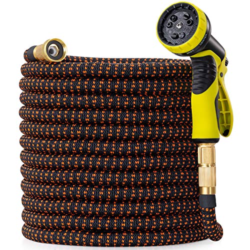 50 ft Expandable Garden Hose with 10 Pattern Spray Nozzle, 3/4 Solid Brass Connectors, Retractable Latex Core H28254