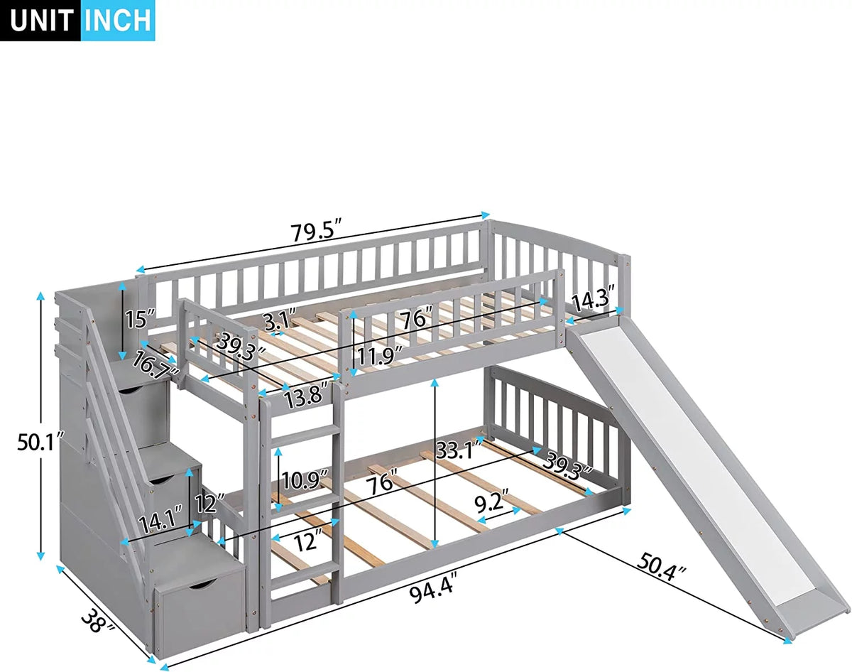 Wooden Bunk Bed with Slide and Guardrail M93030