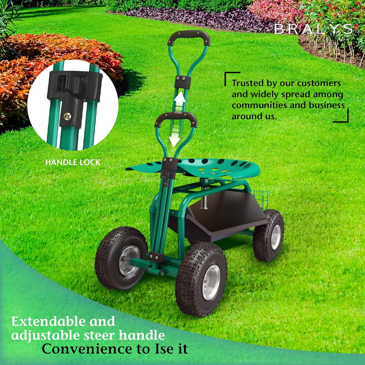 Garden Cart with Seat Rolling Gardening Cart with Large Wheels Basket Waterproof Cover S755496