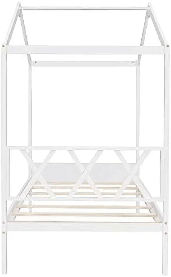 Twin Size Wood House Bed with Desk and Roof J605